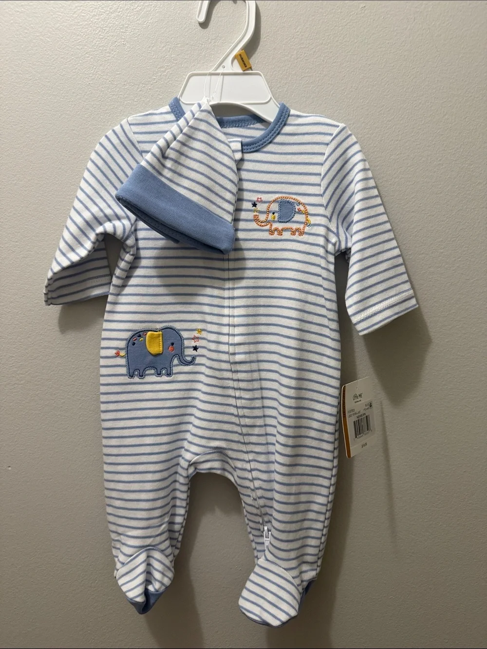Little Me Blue & White Striped Baby One-Piece with Elephant Appliqués and Hat